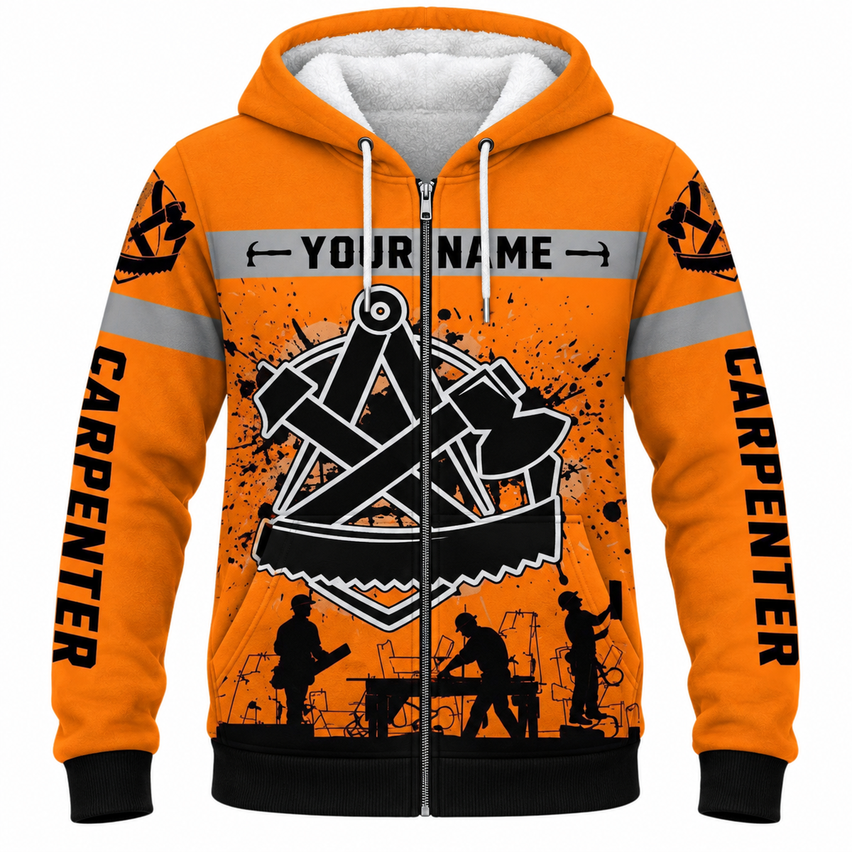 Personalized Carpenter Fleece Zip Hoodie - Orange Carpenter Tools Badge - front view