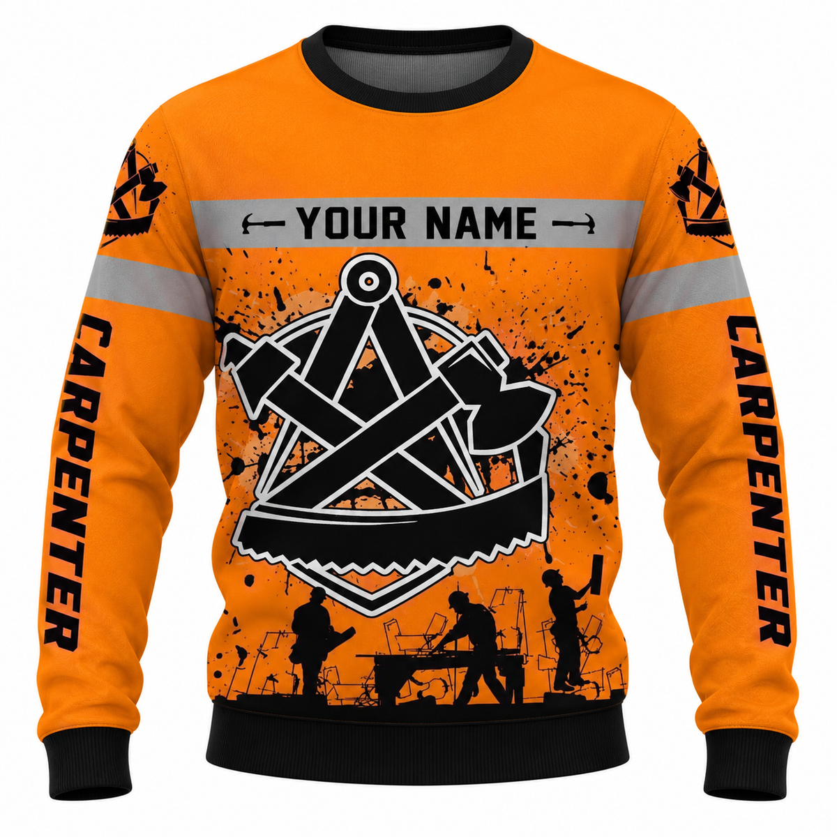 Personalized Carpenter Sweatshirt - Orange Carpenter Tools Badge - front view