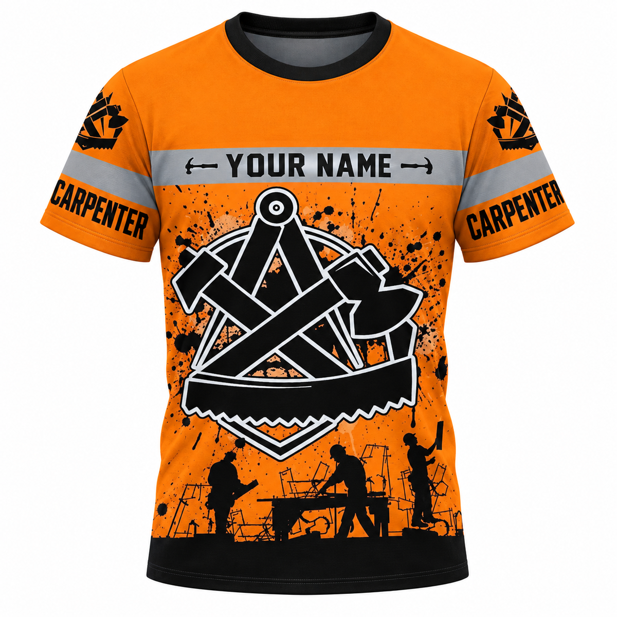 Personalized Carpenter T-Shirt - Orange Carpenter Tools Badge - front view