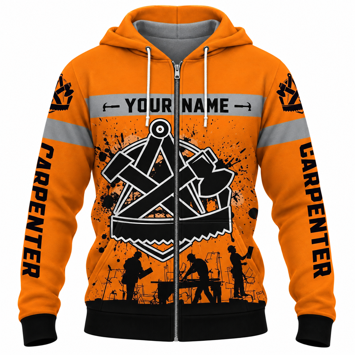 Personalized Carpenter Zip Hoodie - Orange Carpenter Tools Badge - front view