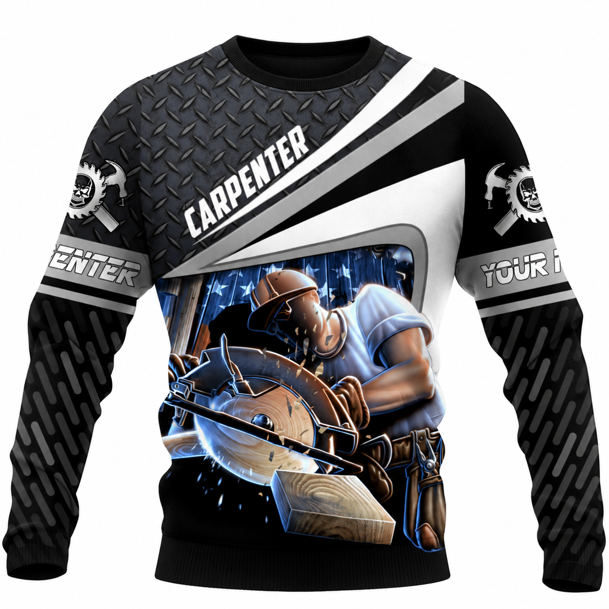 Personalized Carpenter Sweatshirt - Black Grey Diagonal Stripes Circular Saw - front view