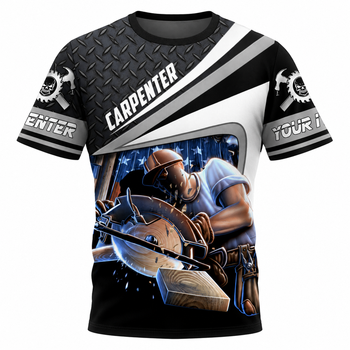 Personalized Carpenter T-Shirt - Black Grey Diagonal Stripes Circular Saw - front view