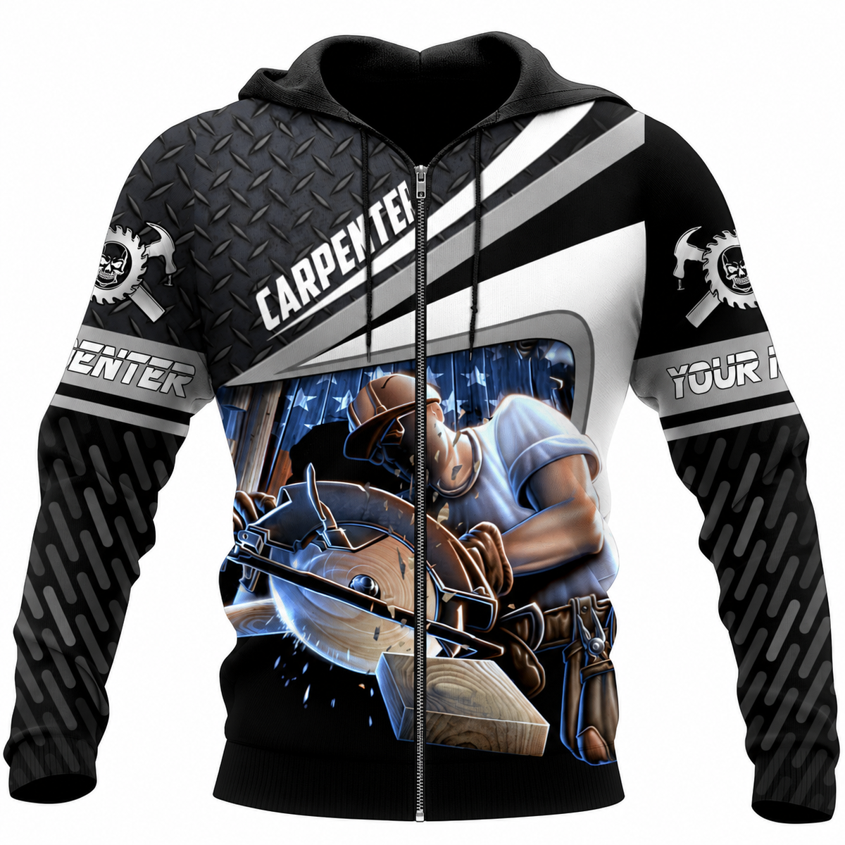 Personalized Carpenter Zip Hoodie - Black Grey Diagonal Stripes Circular Saw - front view