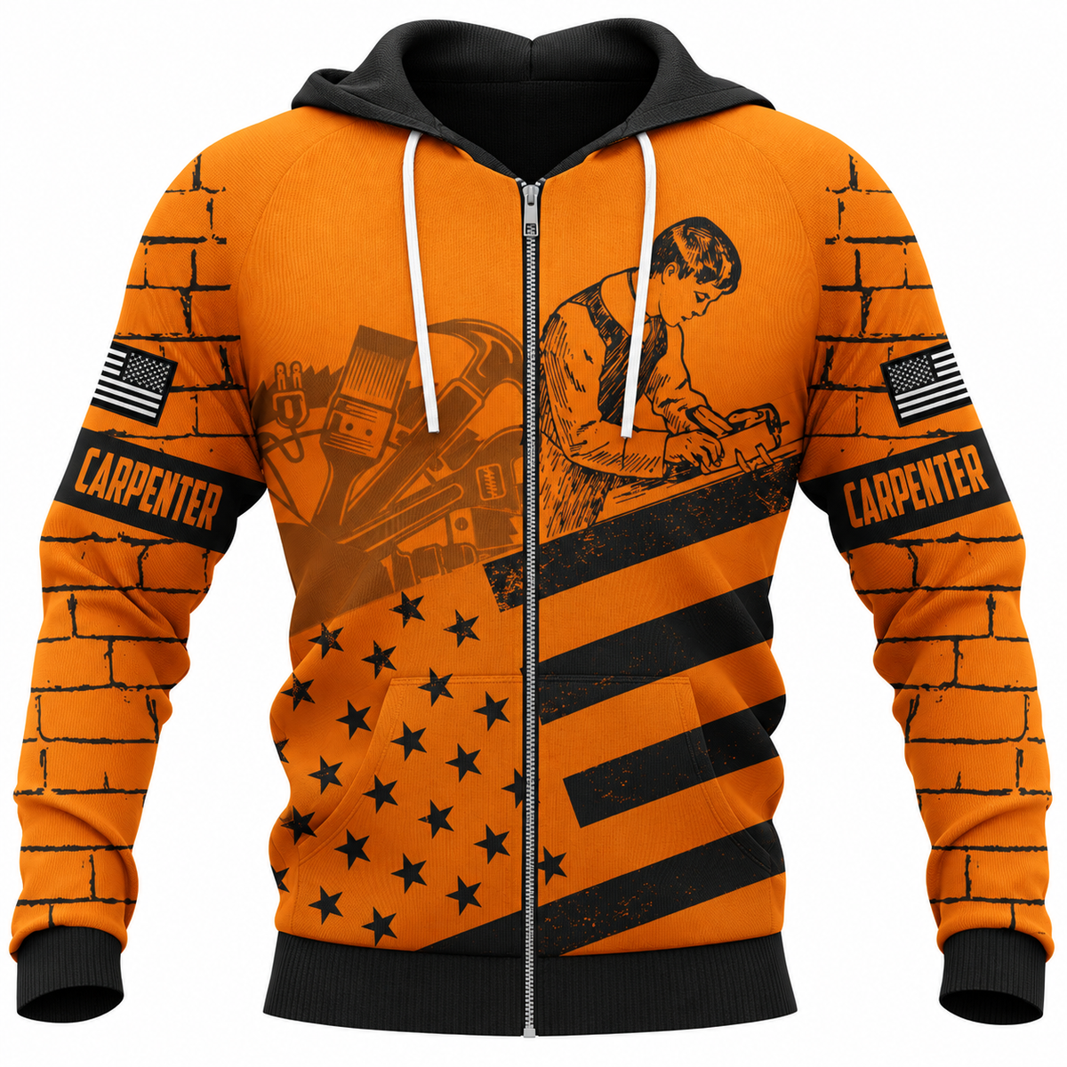 Personalized Carpenter Zip Hoodie - Orange Brickwork American Flag - front view