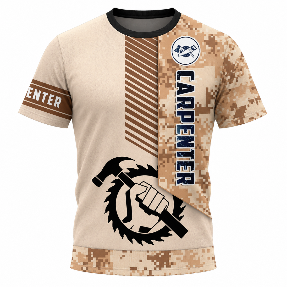 Personalized Carpenter T-Shirt - Tan Camouflage Saw Blade - front view