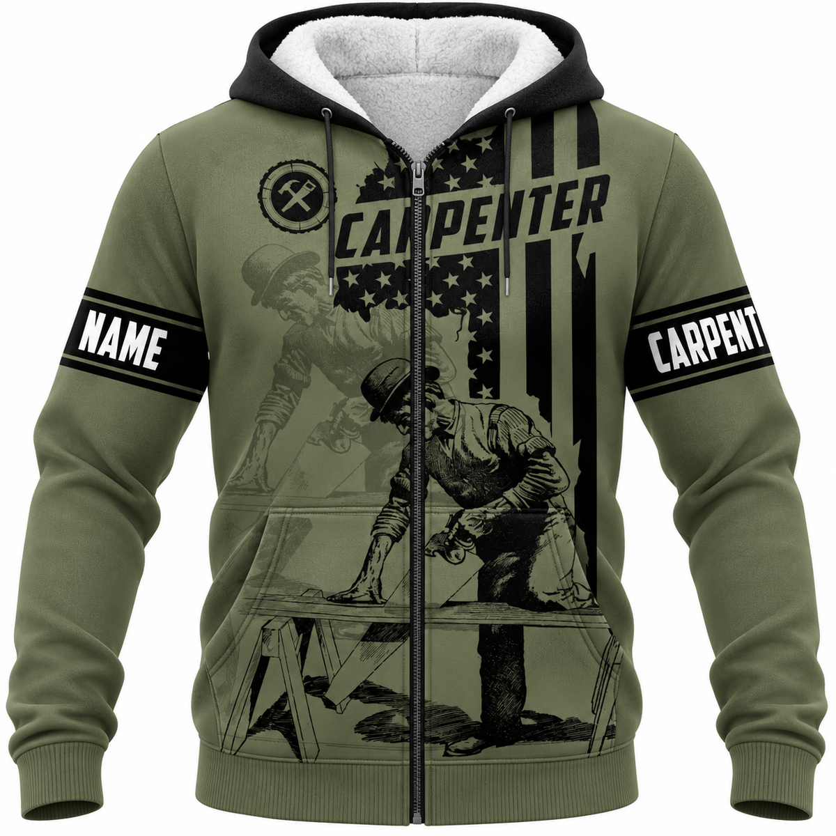 Personalized Carpenter Fleece Zip Hoodie - Olive Green American Flag Carpenter - front view