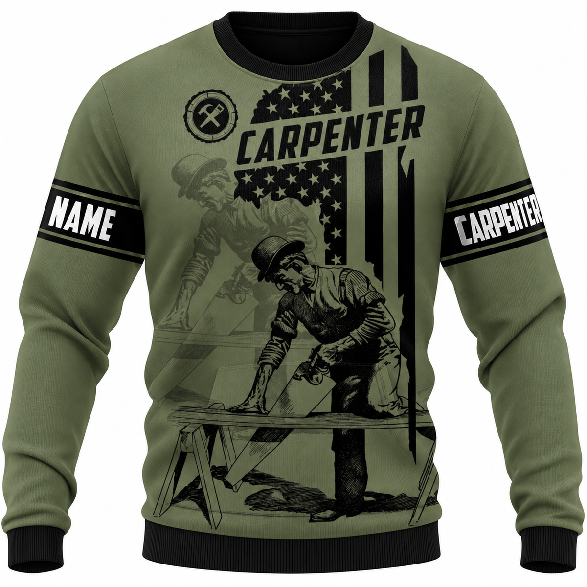 Personalized Carpenter Sweatshirt - Olive Green American Flag Carpenter - front view