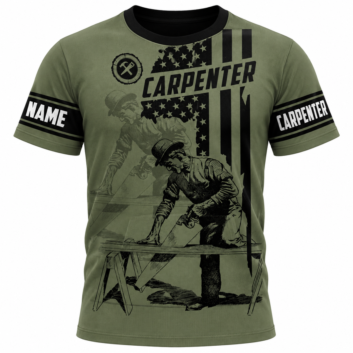 Personalized Carpenter T-Shirt - Olive Green American Flag Carpenter - front view