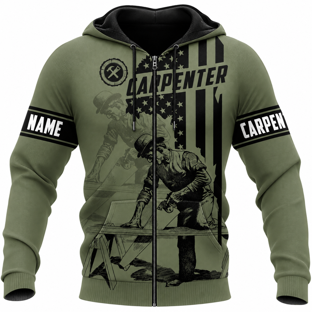 Personalized Carpenter Zip Hoodie - Olive Green American Flag Carpenter - front view
