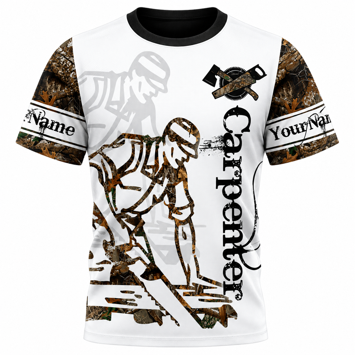 Personalized Carpenter T-Shirt - White Camouflage Woodworker - front view