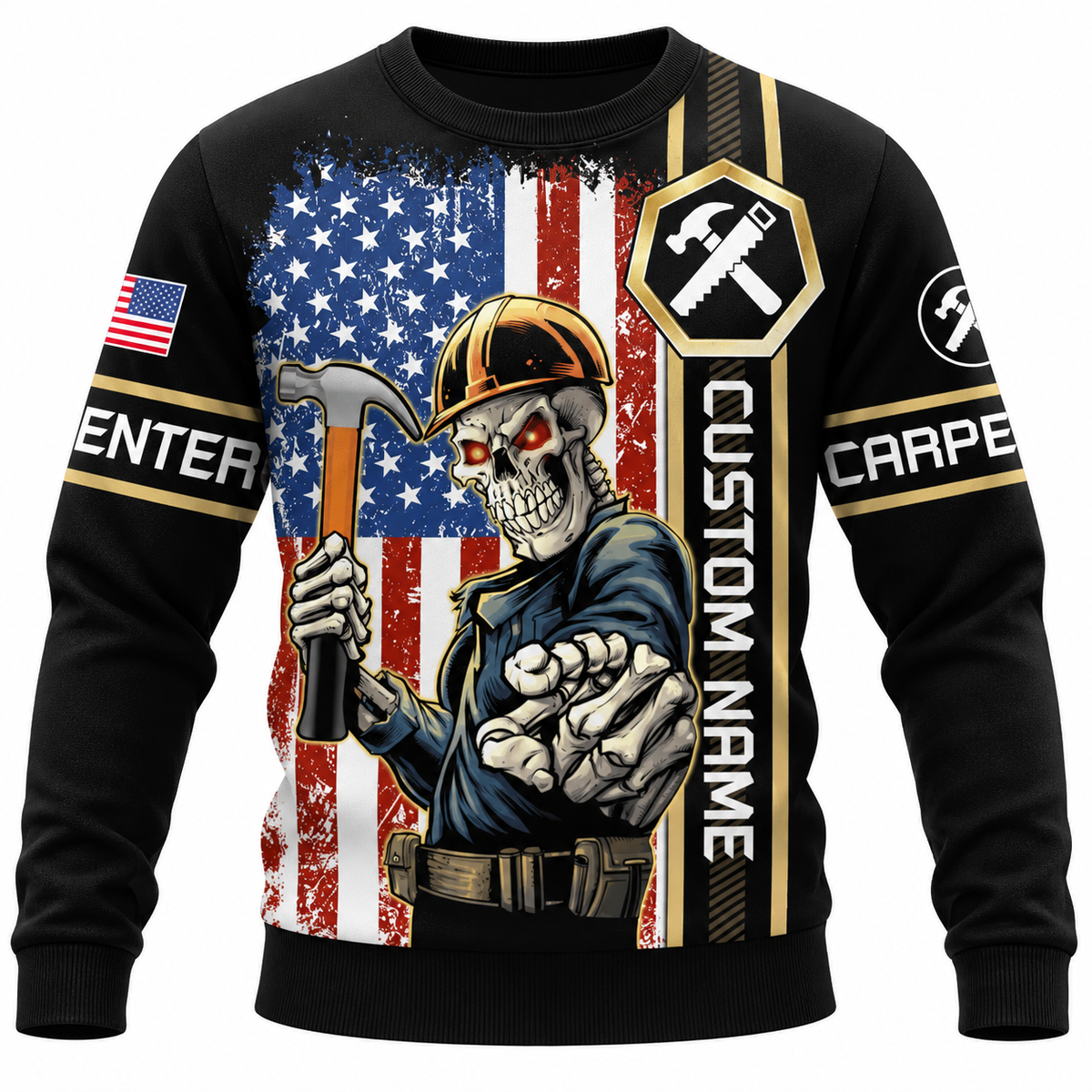 Personalized Carpenter Sweatshirt - American Flag Carpenter Skull - front view