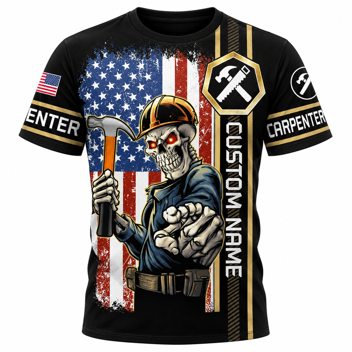 Personalized Carpenter T-Shirt - American Flag Carpenter Skull - front view