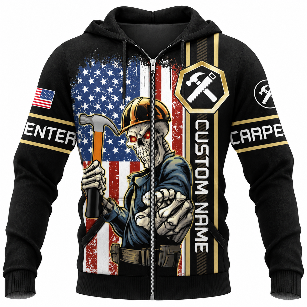 Personalized Carpenter Zip Hoodie - American Flag Carpenter Skull - front view