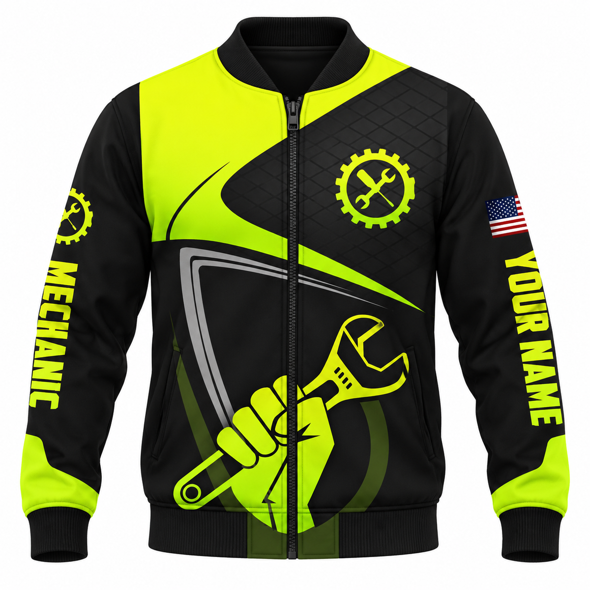 Personalized Mechanic Bomber Jacket - Neon Yellow Black Wrench Fist - front view