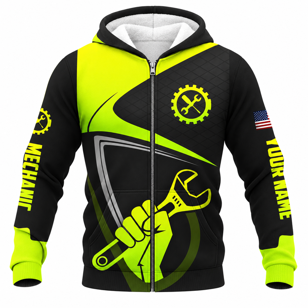 Personalized Mechanic Fleece Zip Hoodie - Neon Yellow Black Wrench Fist - front view