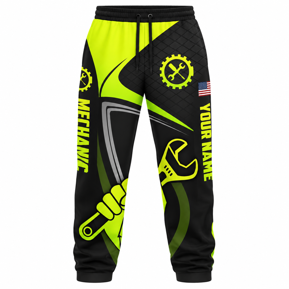 Personalized Mechanic Long Pants - Neon Yellow Black Wrench Fist - front view