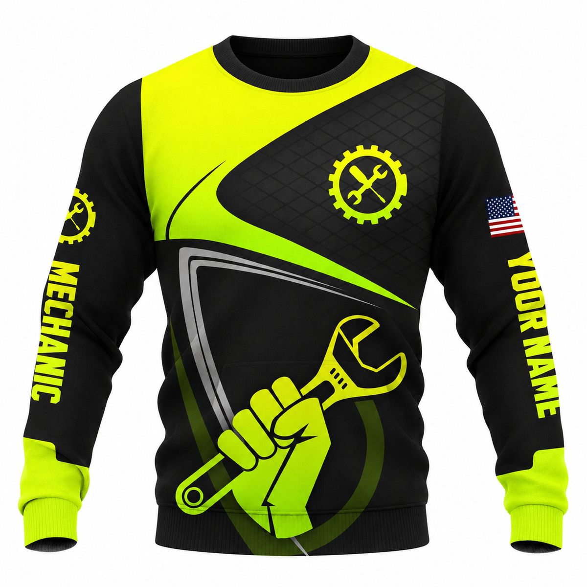 Personalized Mechanic Sweatshirt - Neon Yellow Black Wrench Fist - front view