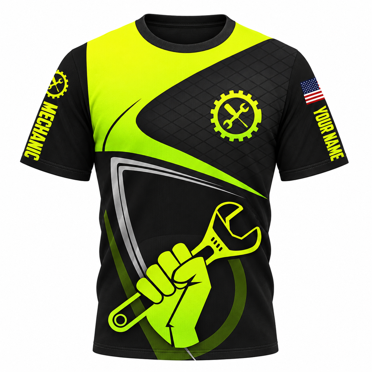 Personalized Mechanic T-Shirt - Neon Yellow Black Wrench Fist - front view