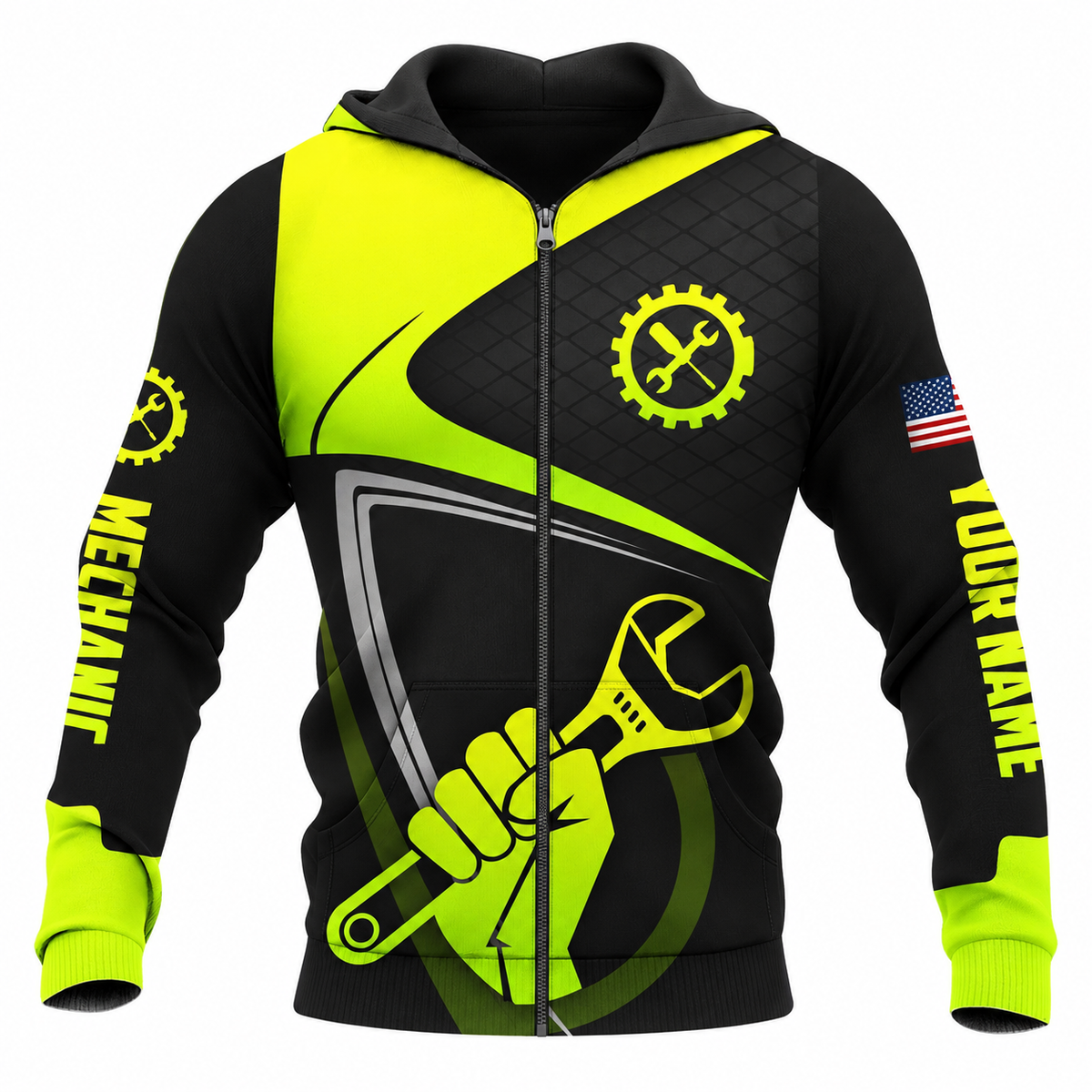 Personalized Mechanic Zip Hoodie - Neon Yellow Black Wrench Fist - front view
