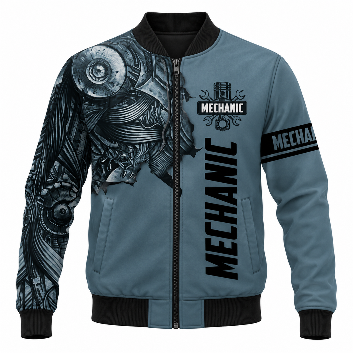 Personalized Mechanic Bomber Jacket - Grey Mechanical Skull - front view