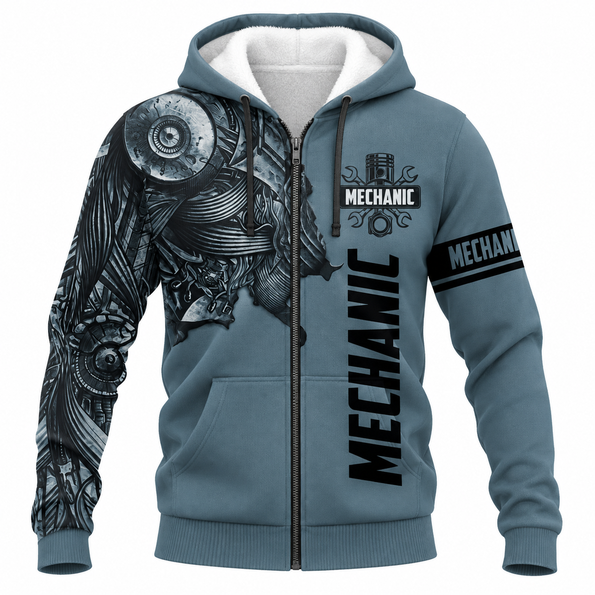 Personalized Mechanic Fleece Zip Hoodie - Grey Mechanical Skull - front view