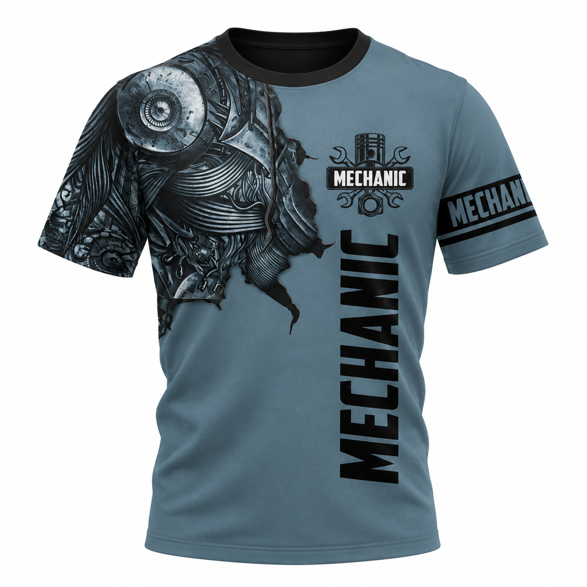 Personalized Mechanic T-Shirt - Grey Mechanical Skull - front view