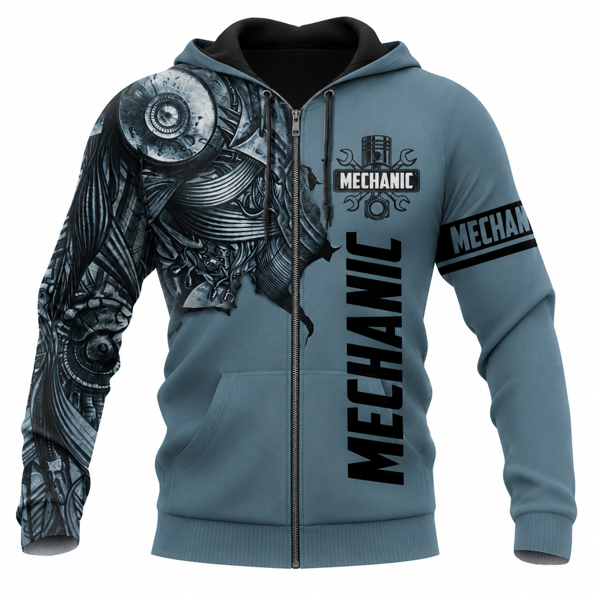 Personalized Mechanic Zip Hoodie - Grey Mechanical Skull - front view