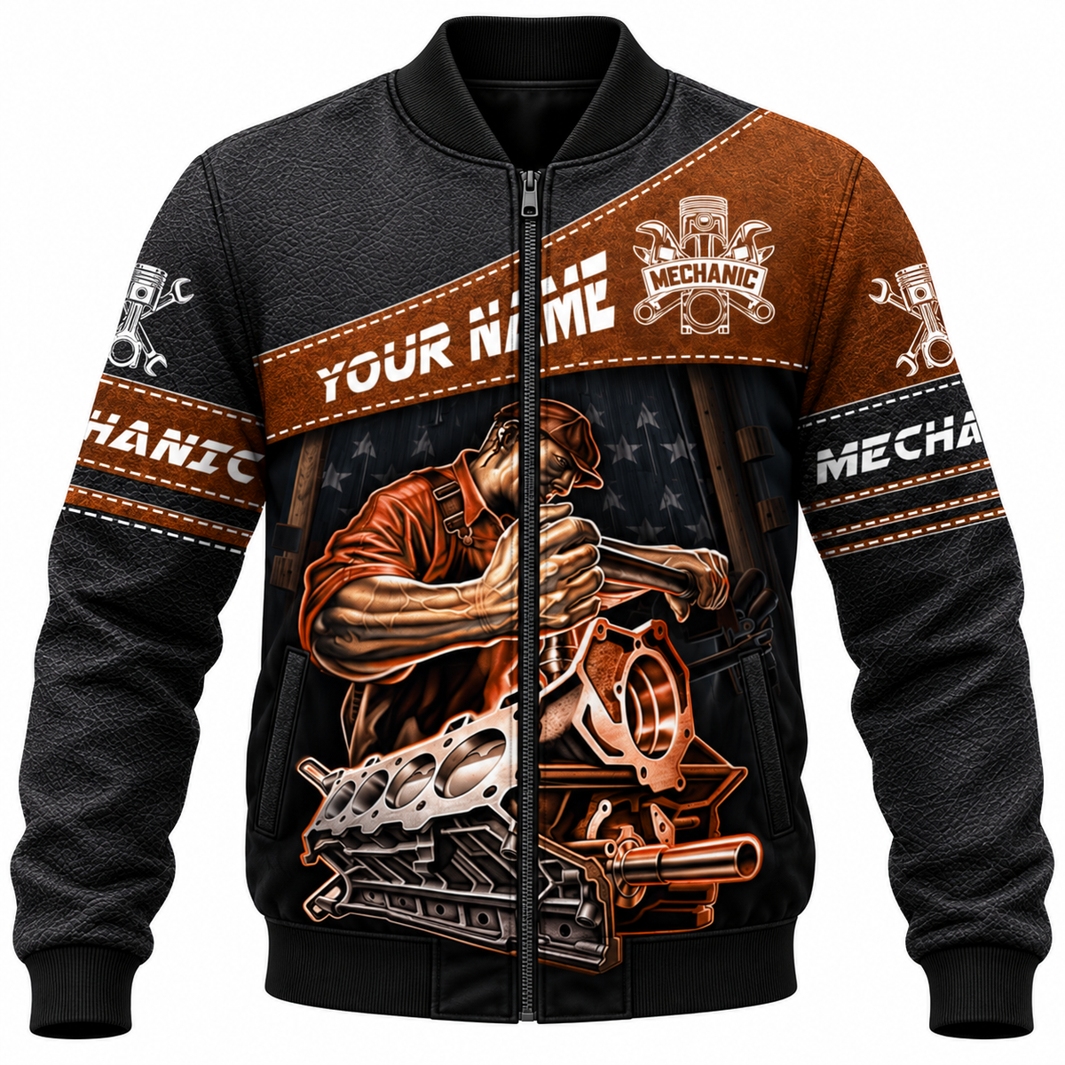 Personalized Mechanic Bomber Jacket - Brown Engine Repair Illustration - front view