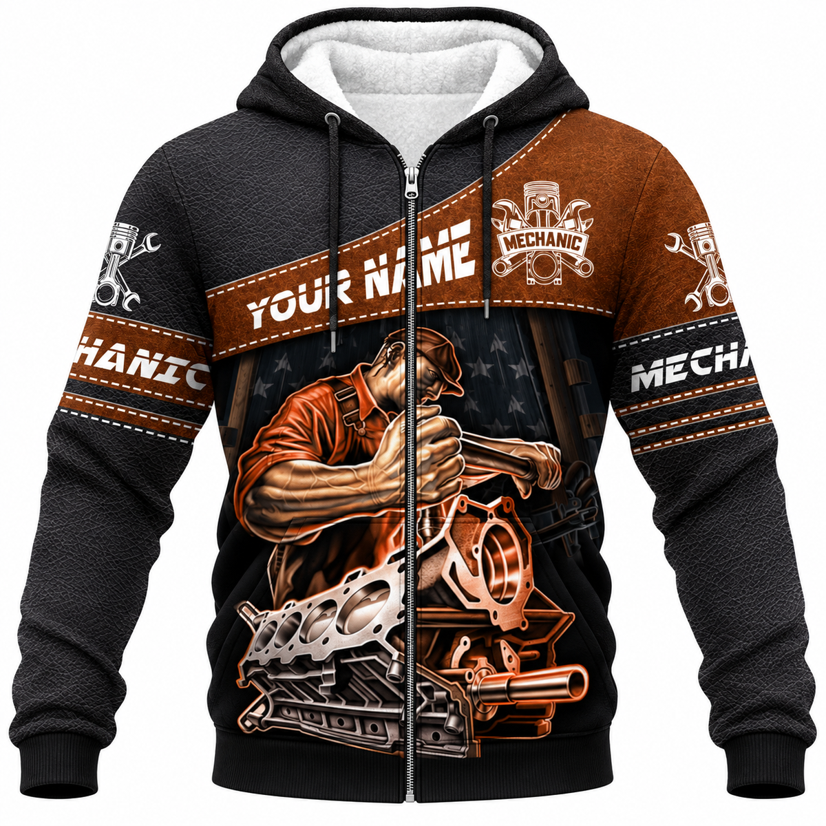 Personalized Mechanic Fleece Zip Hoodie - Brown Engine Repair Illustration - front view