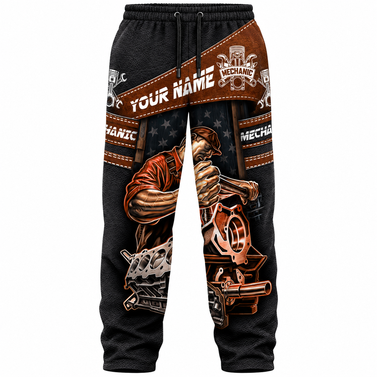 Personalized Mechanic Long Pants - Brown Engine Repair Illustration - front view