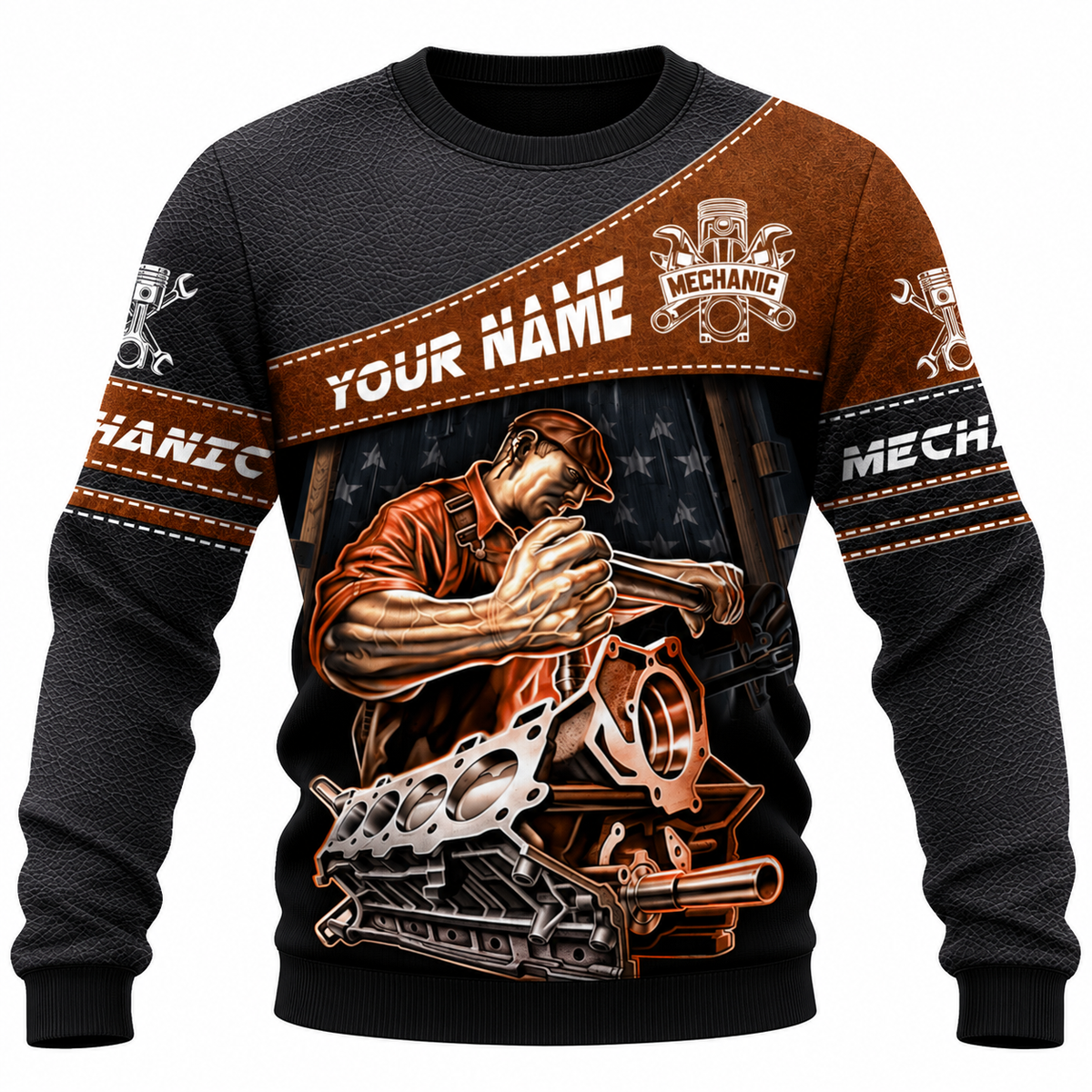 Personalized Mechanic Sweatshirt - Brown Engine Repair Illustration - front view