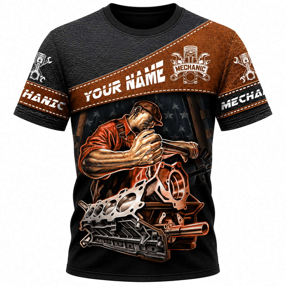 Personalized Mechanic T-Shirt - Brown Engine Repair Illustration - front view