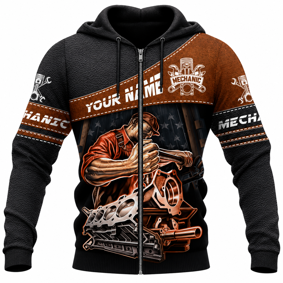 Personalized Mechanic Zip Hoodie - Brown Engine Repair Illustration - front view