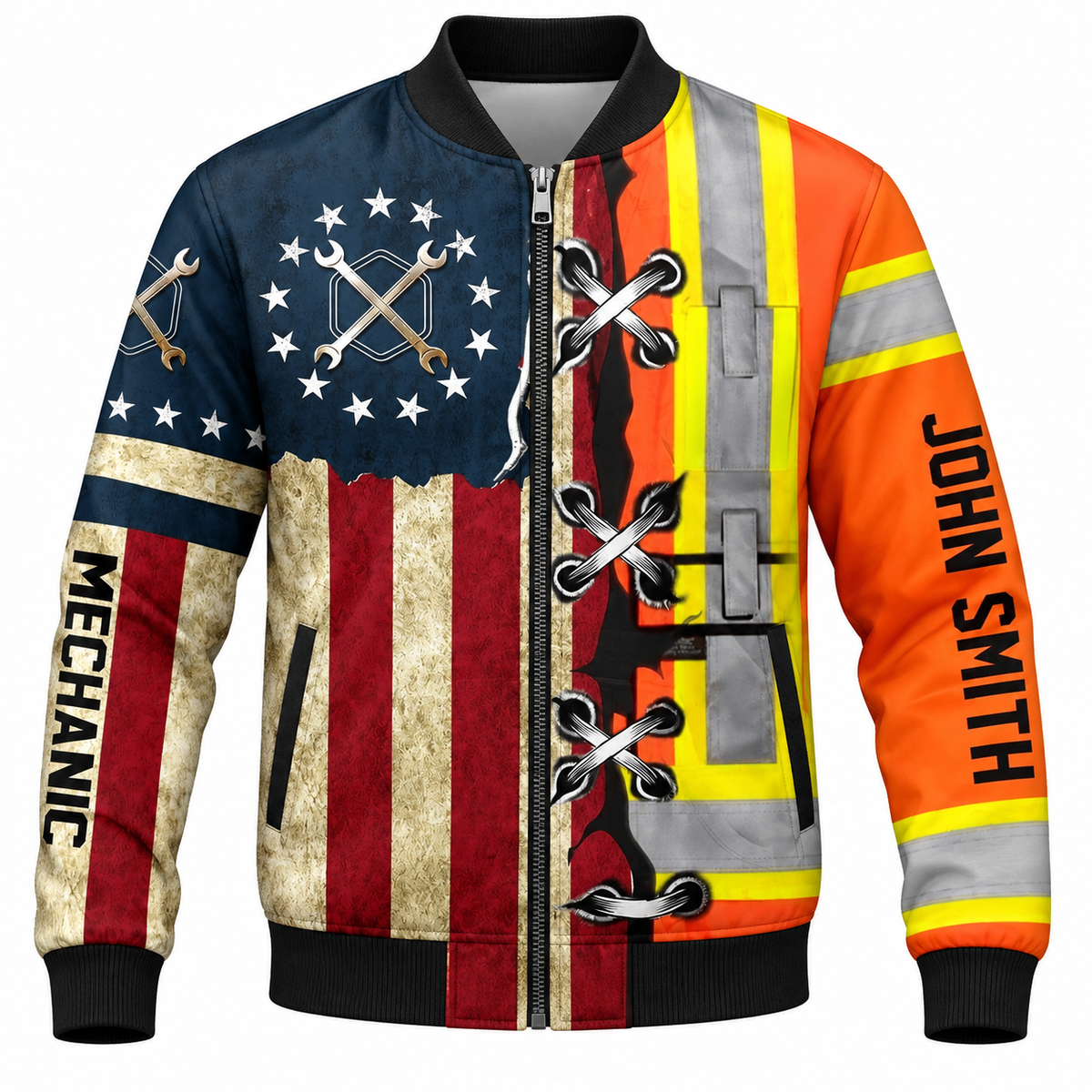 Personalized Mechanic Bomber Jacket - American Flag Orange Stripe Print - front view