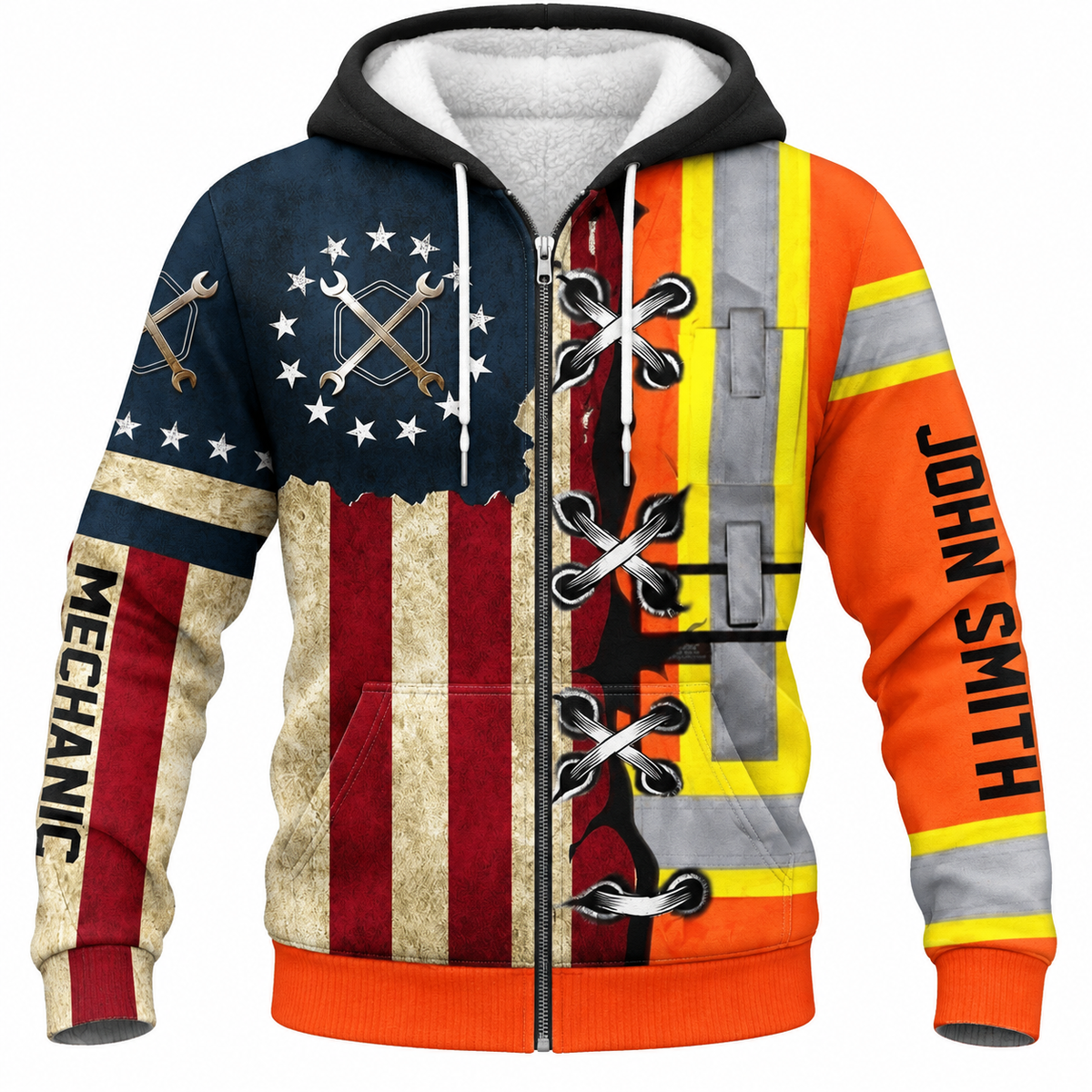 Personalized Mechanic Fleece Zip Hoodie - American Flag Orange Stripe Print - front view