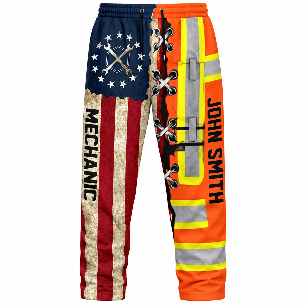 Personalized Mechanic Long Pants - American Flag Orange Stripe Print - front view