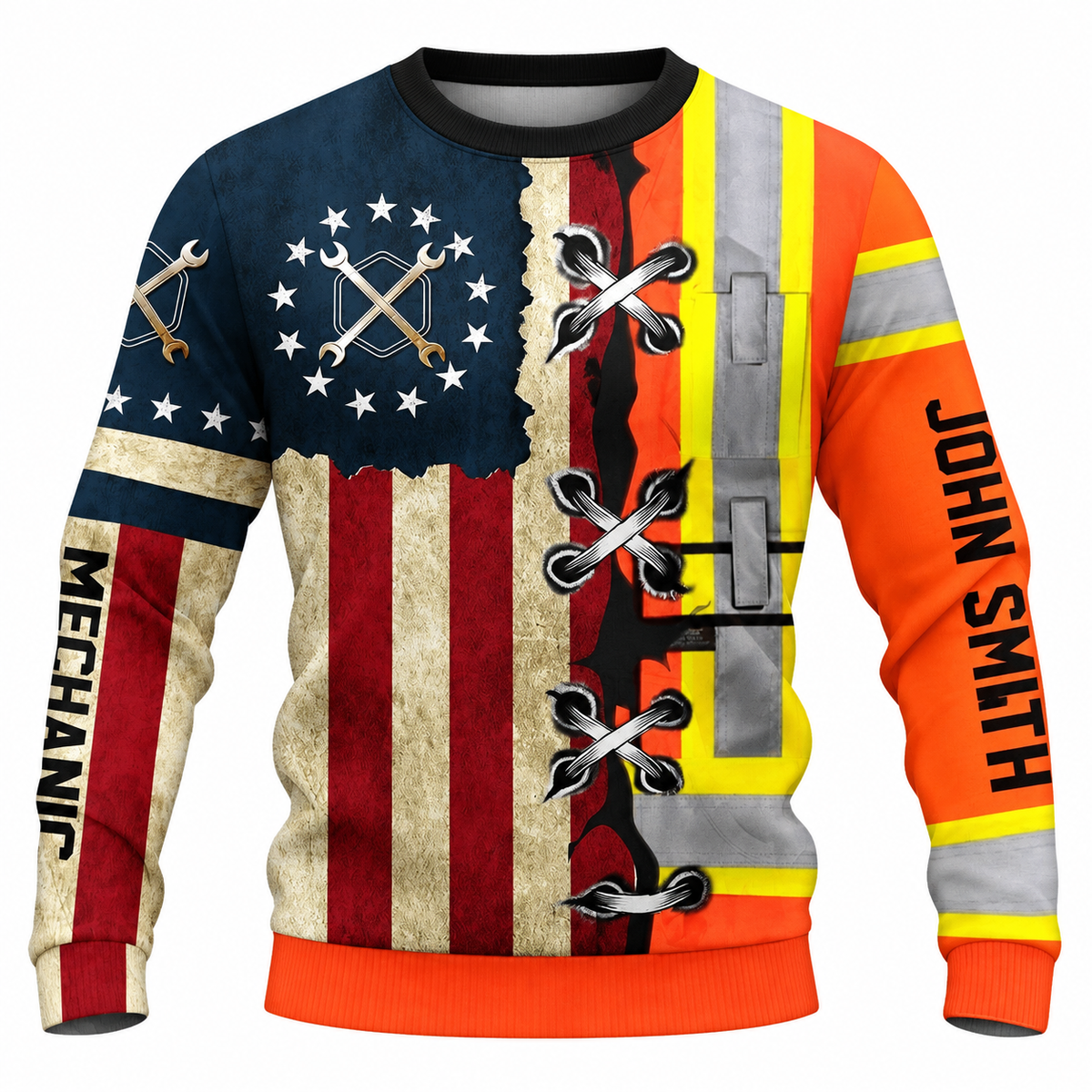 Personalized Mechanic Sweatshirt - American Flag Orange Stripe Print - front view