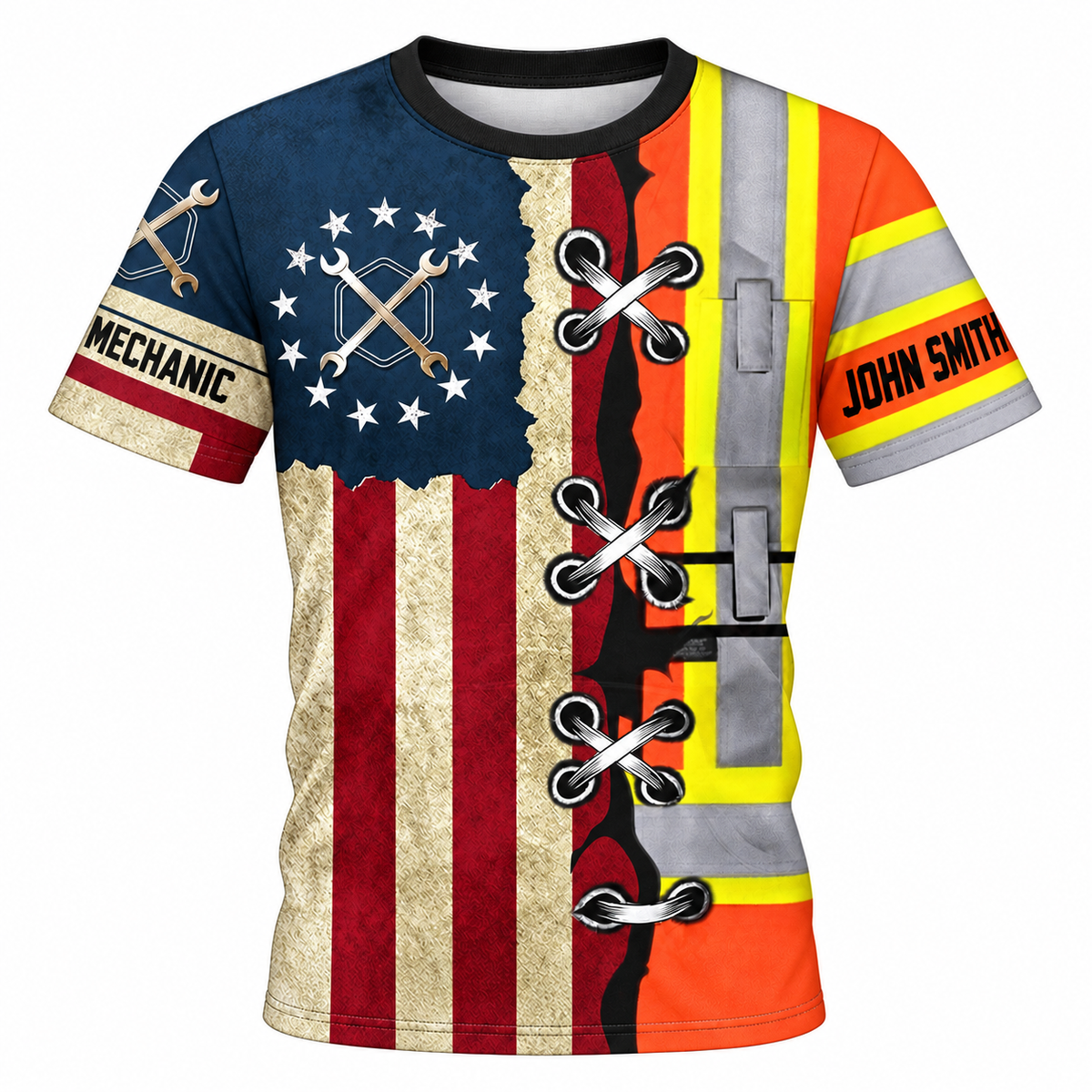 Personalized Mechanic T-Shirt - American Flag Orange Stripe Print - front view