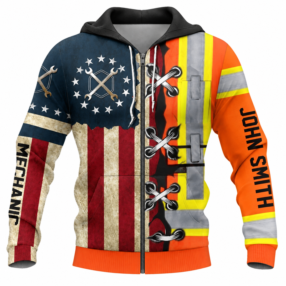 Personalized Mechanic Zip Hoodie - American Flag Orange Stripe Print - front view