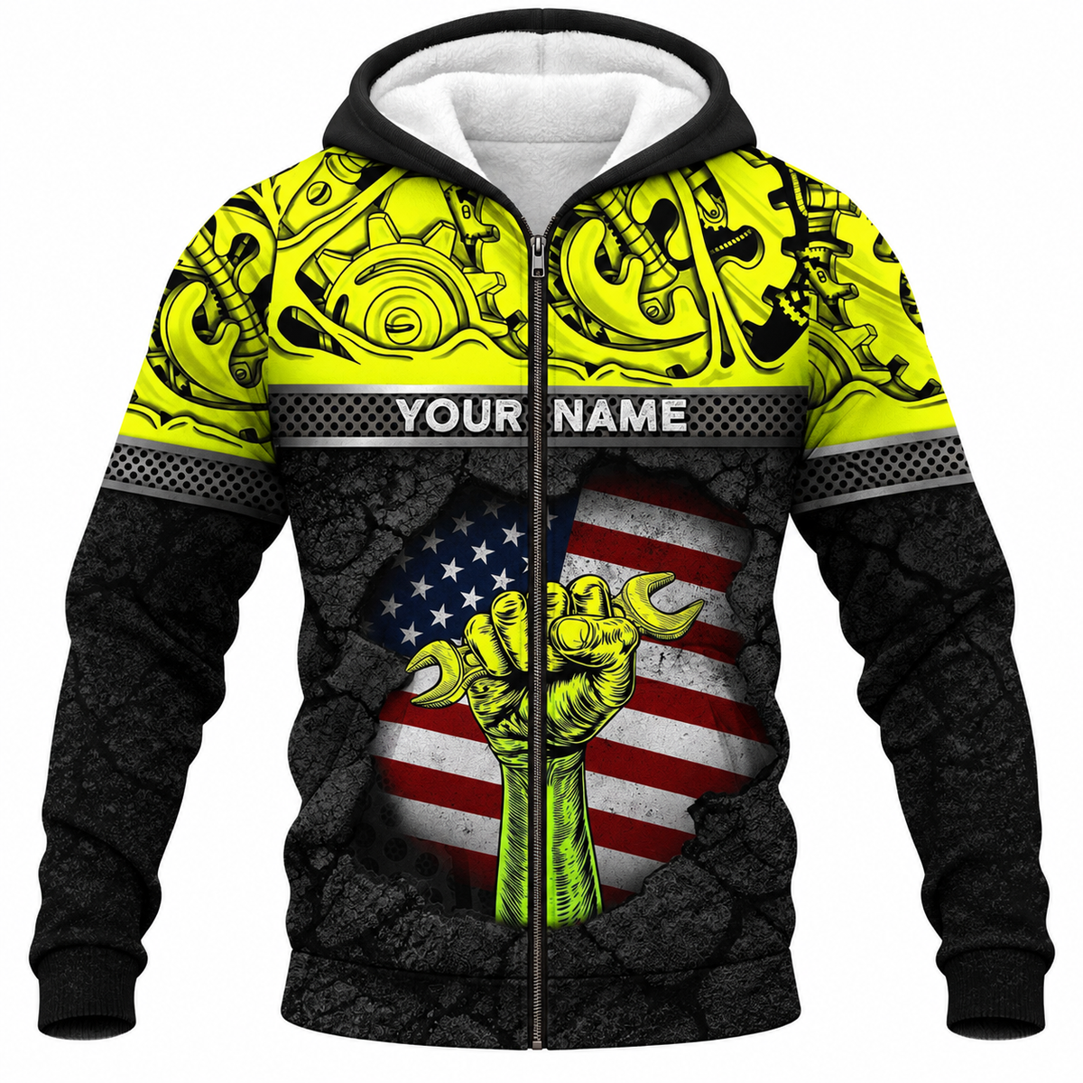 Personalized Mechanic Fleece Zip Hoodie - Yellow Gears Wrench Fist American Flag - front view