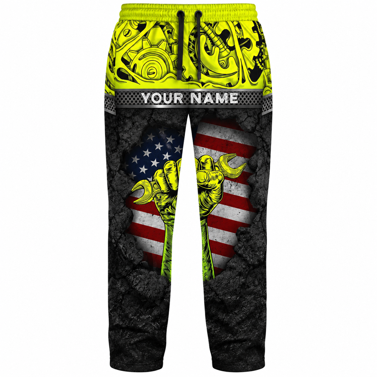 Personalized Mechanic Long Pants - Yellow Gears Wrench Fist American Flag - front view