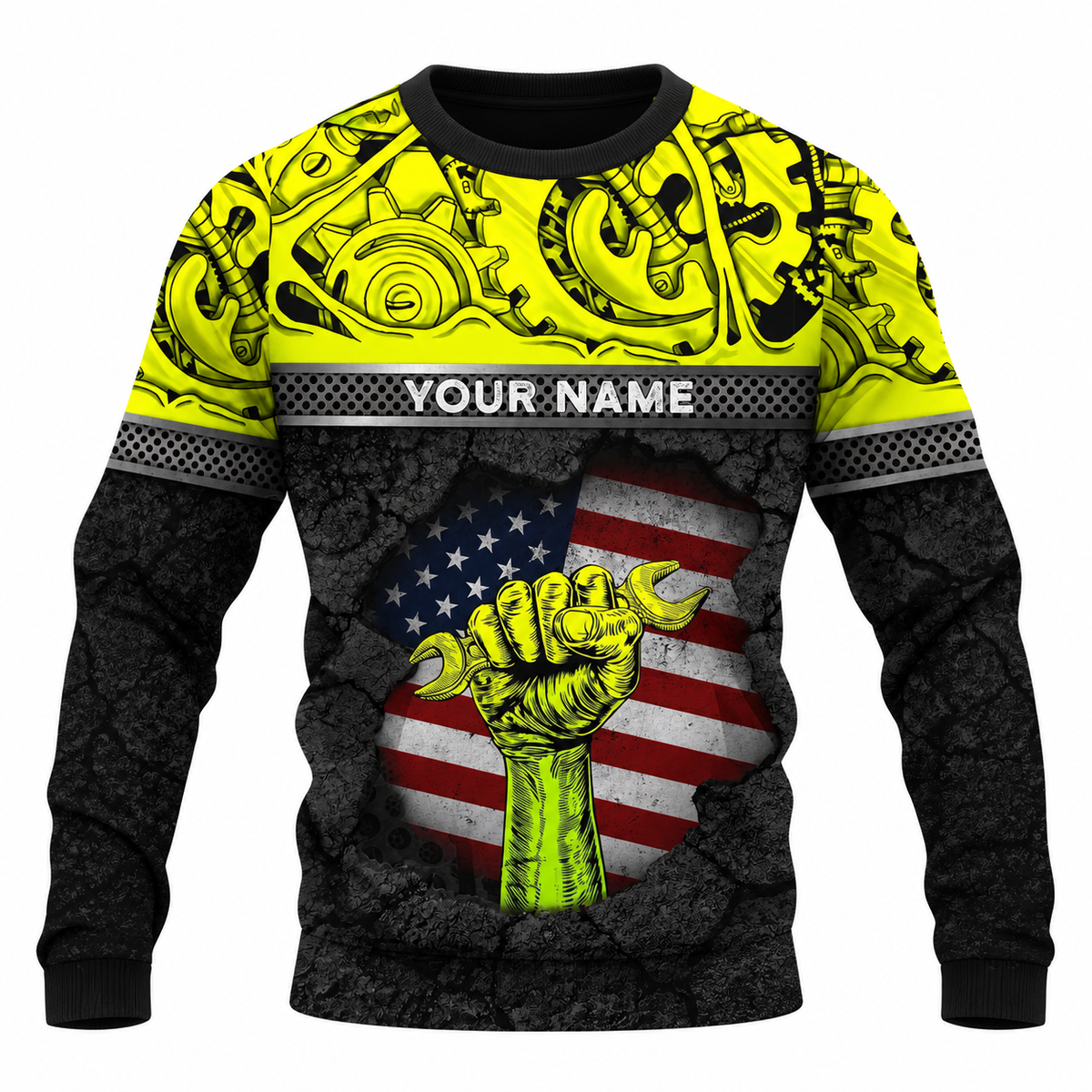 Personalized Mechanic Sweatshirt - Yellow Gears Wrench Fist American Flag - front view