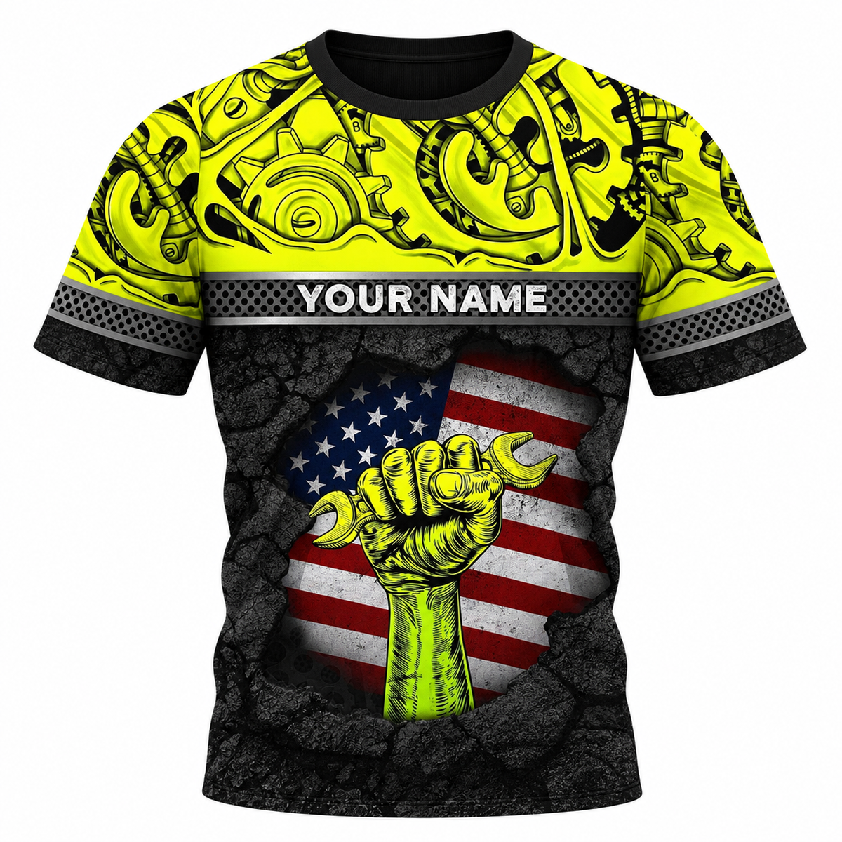 Personalized Mechanic T-Shirt - Yellow Gears Wrench Fist American Flag - front view