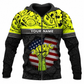 Personalized Mechanic Zip Hoodie - Yellow Gears Wrench Fist American Flag - front view