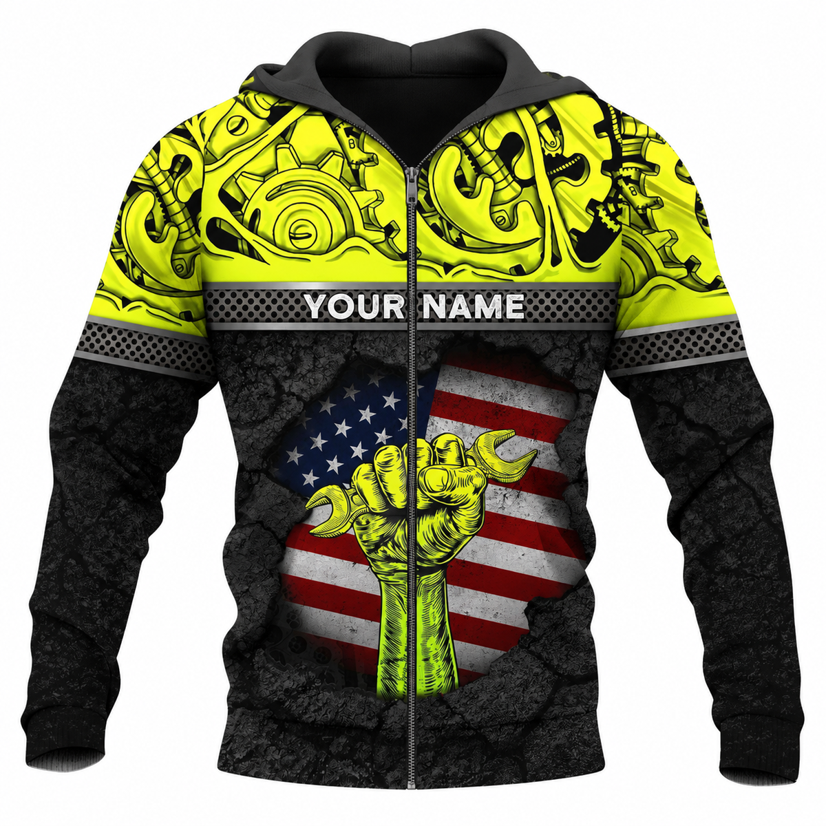 Personalized Mechanic Zip Hoodie - Yellow Gears Wrench Fist American Flag - front view