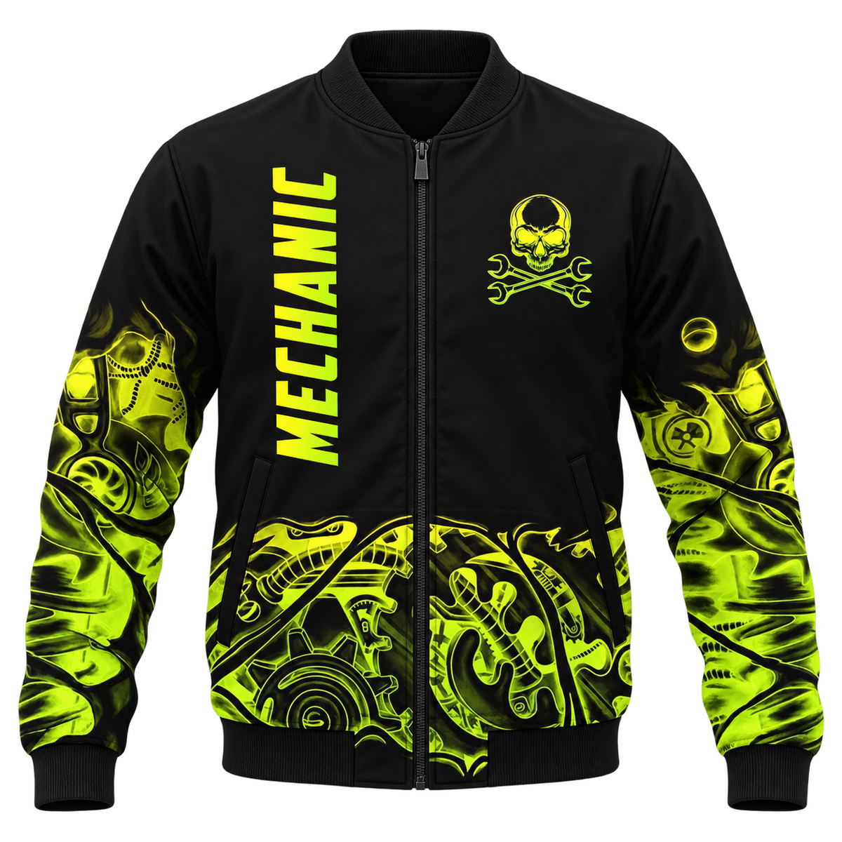 Personalized Mechanic Bomber Jacket - Black Yellow Gear Pattern - front view