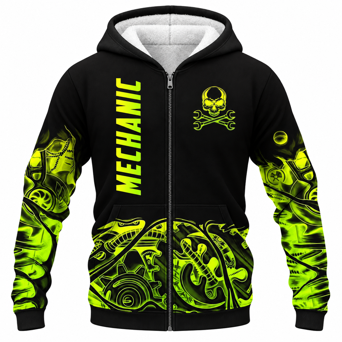 Personalized Mechanic Fleece Zip Hoodie - Black Yellow Gear Pattern - front view