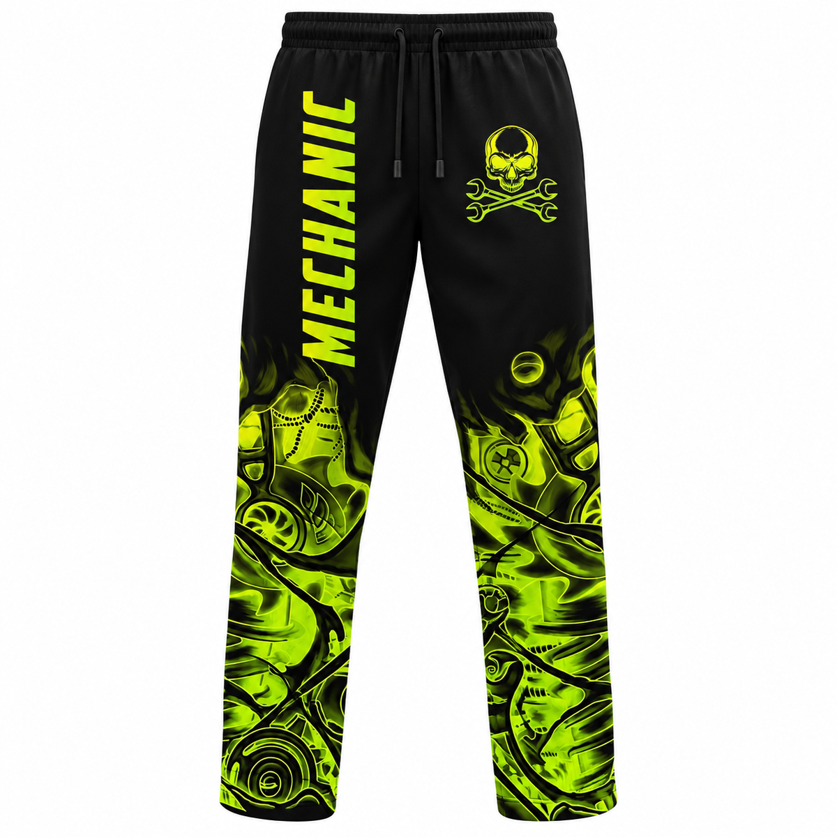 Personalized Mechanic Long Pants - Black Yellow Gear Pattern - front view