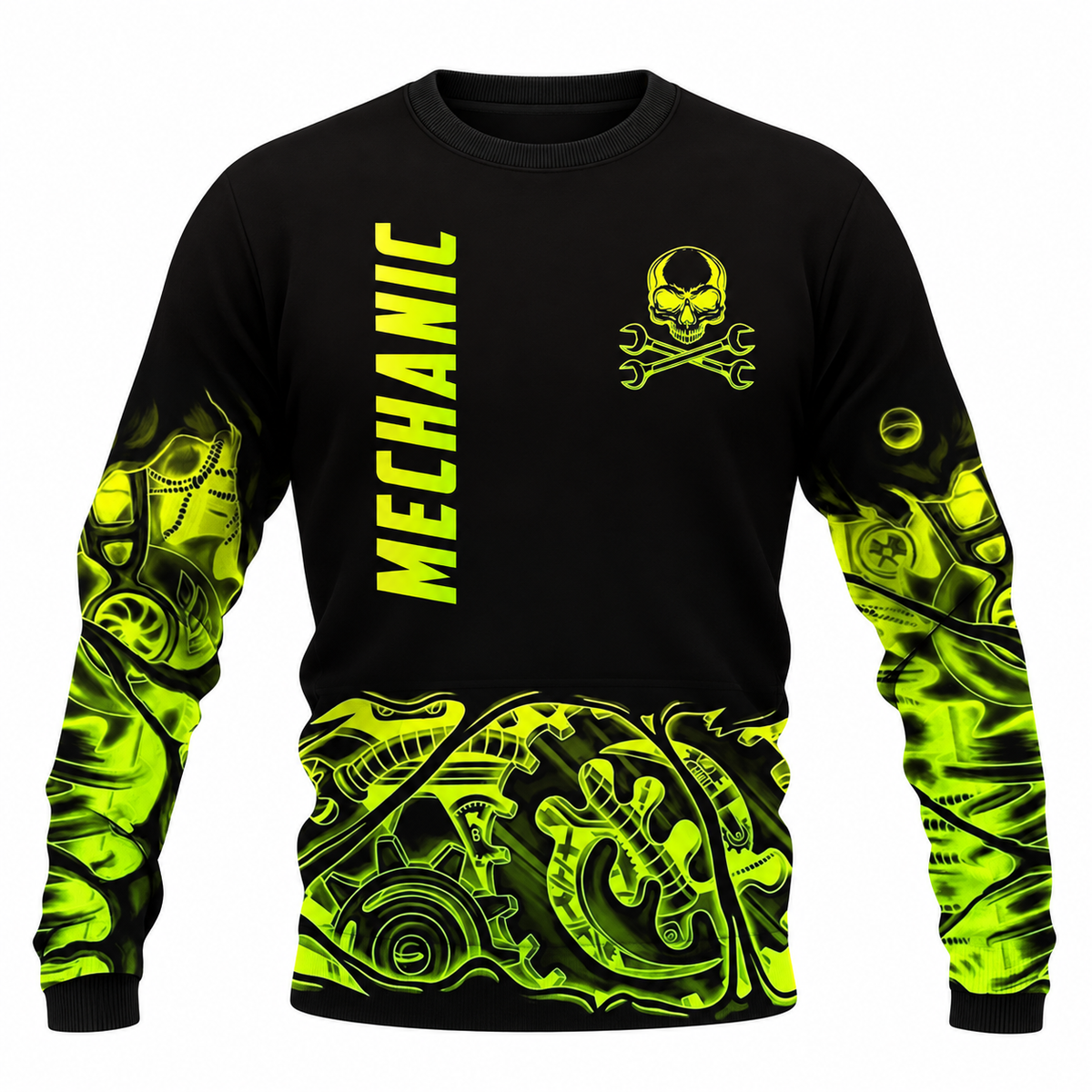 Personalized Mechanic Sweatshirt - Black Yellow Gear Pattern - front view