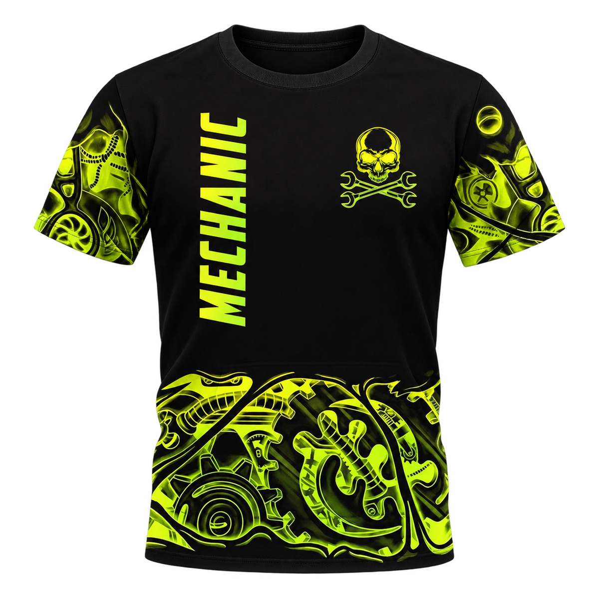 Personalized Mechanic T-Shirt - Black Yellow Gear Pattern - front view